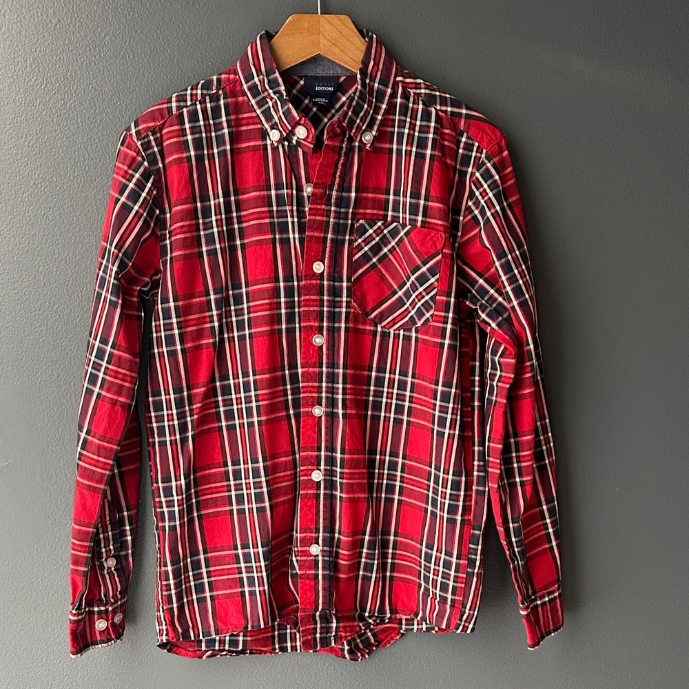 ❤️ BASIC EDITIONS boys buttondown shirt Red and Black Plaid size large 10/12